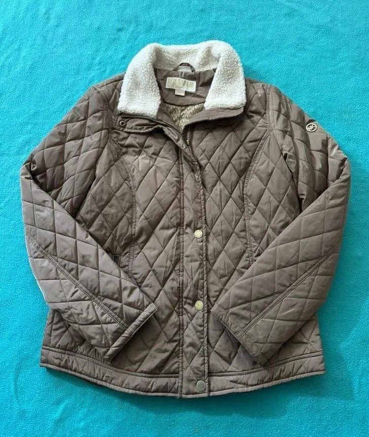 MICHAEL KORS TRUFFLE BROWN QUILTED FAUX FUR COLLARED JACKET Sz M