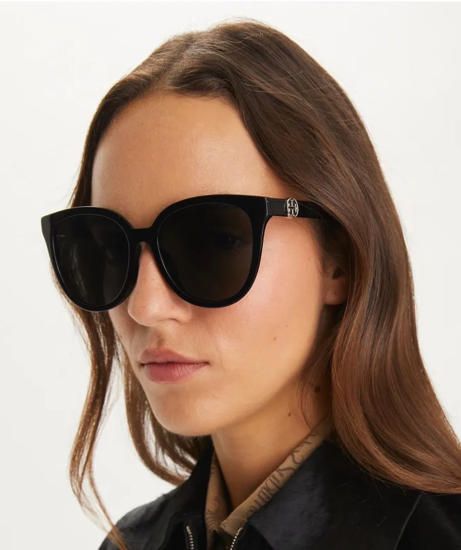 Tory Burch TY7162 Black Square Sunglasses with Gold Logo and Orange Case