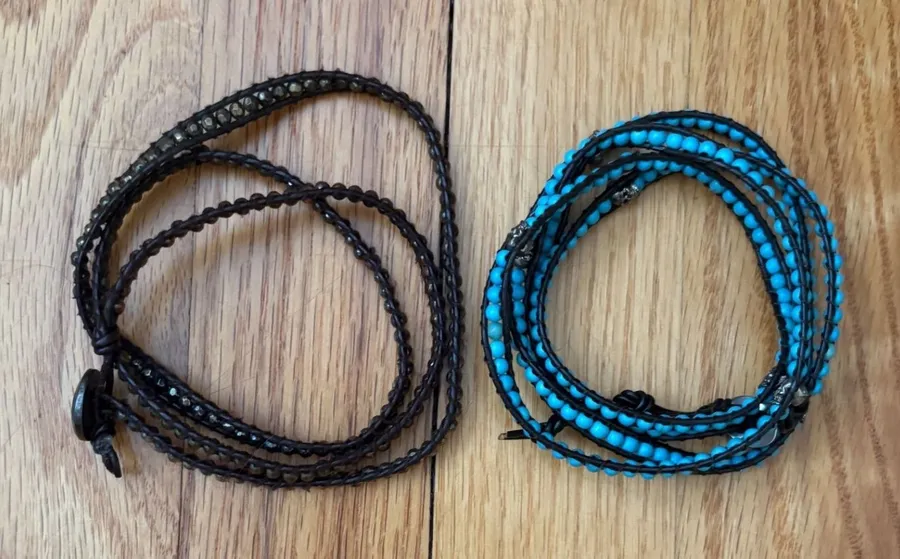 Leather Wrap Bracelet Set Turquoise Skull & Metallic Beads Boho 2pc Blue