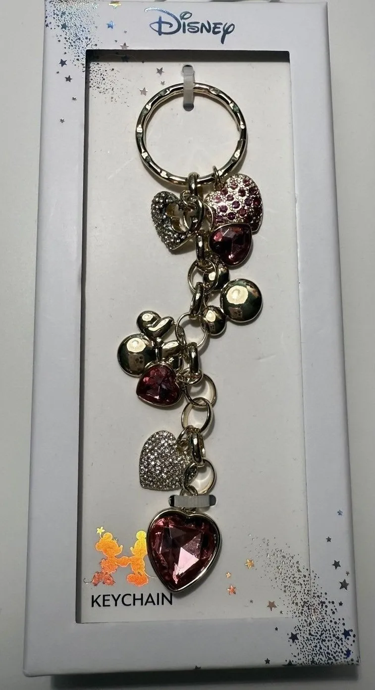 Disney Pink Crystal Heart Gold Tone Keychain Mickey Mouse Bag Charm NIB LA Rocks