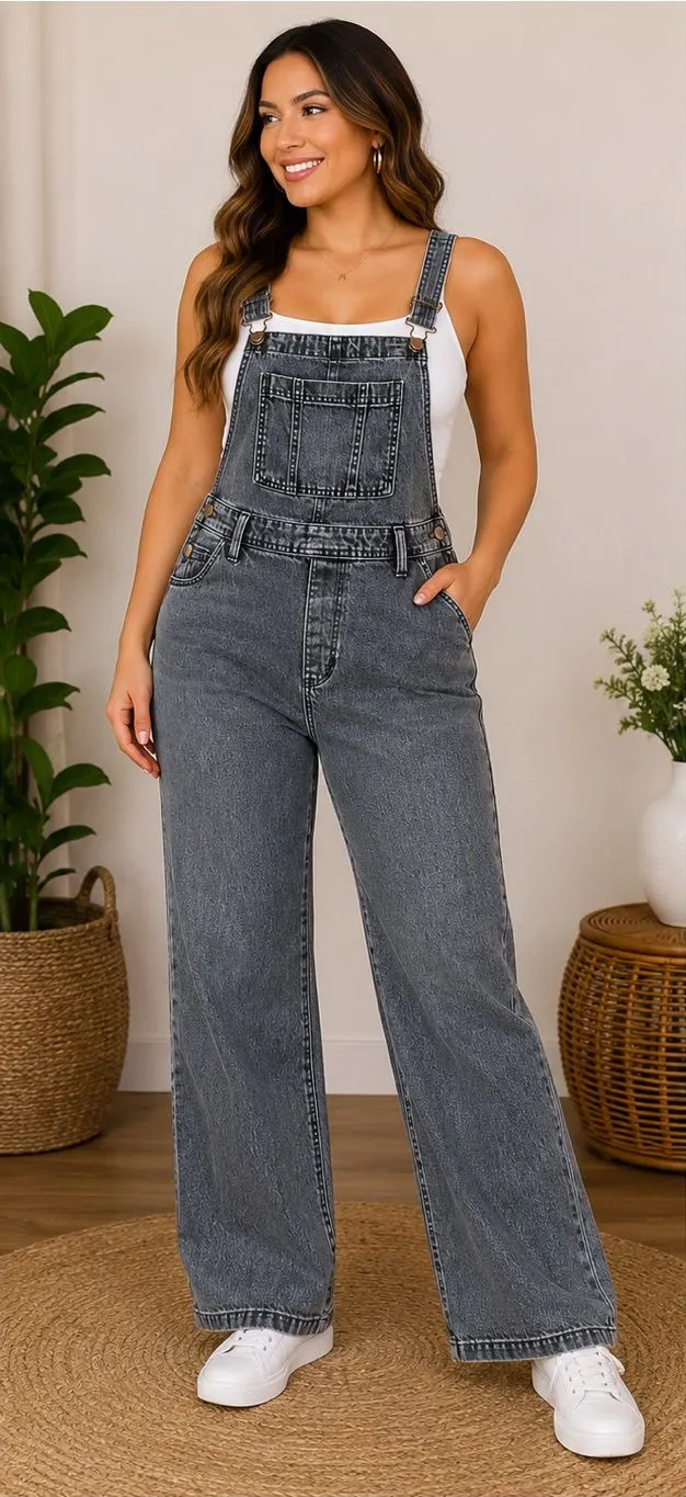 Women's Vintage-Style Charcoal Denim Overalls