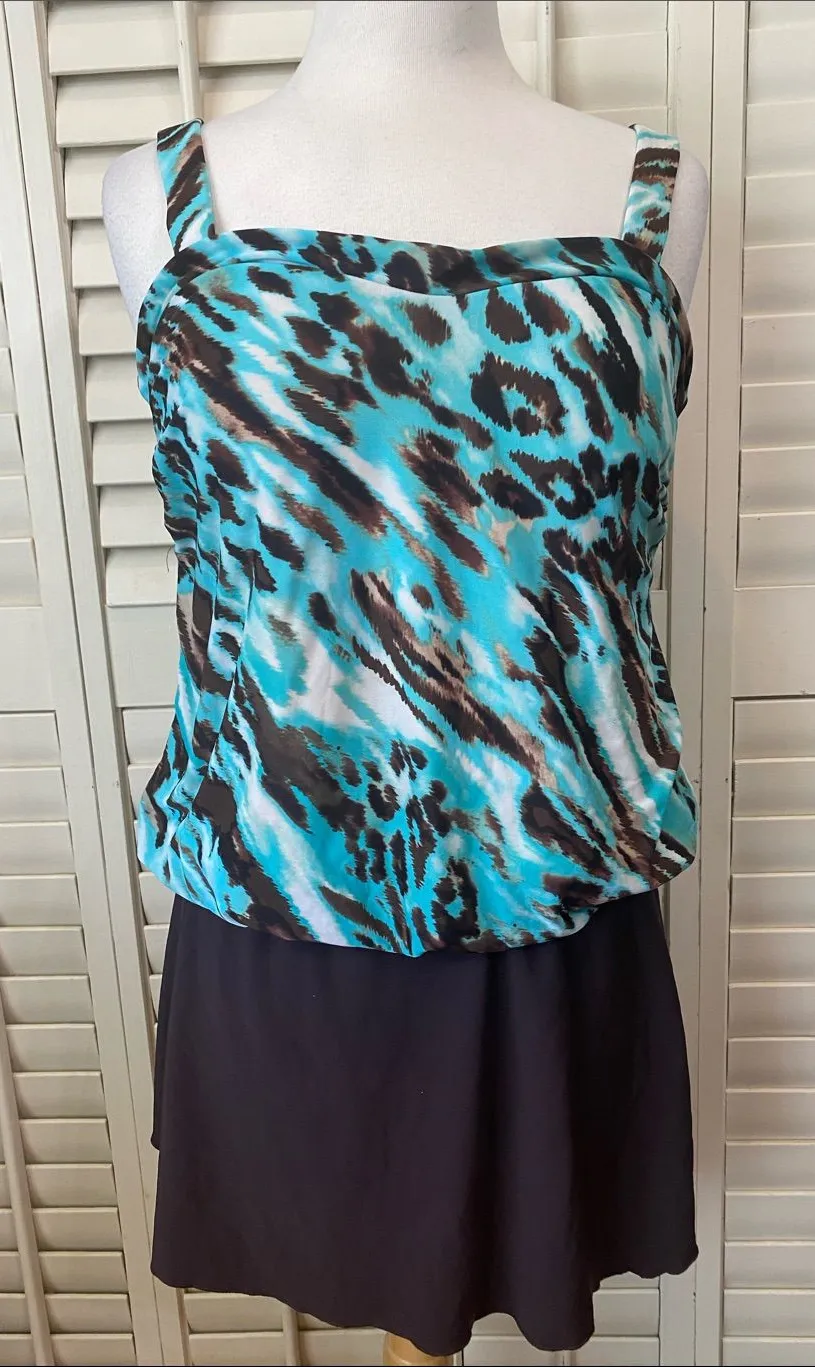 Miraclesuit turquoise and brown Animal Print Tankini top and brown Swim skirt