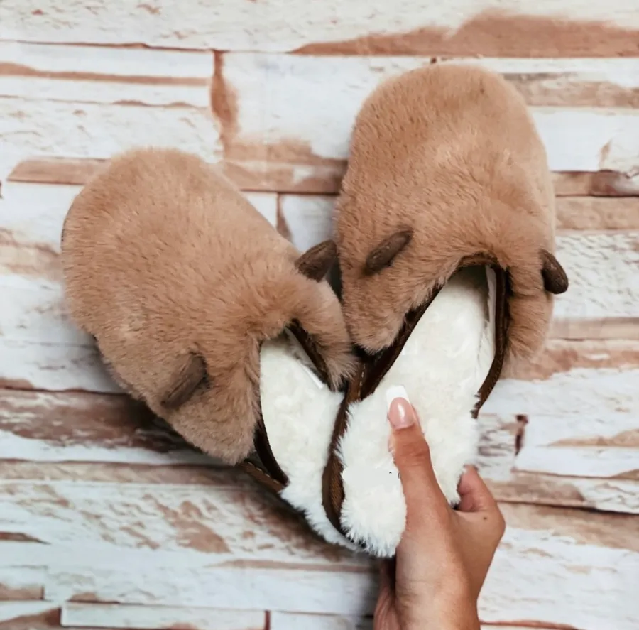 Mocha Fleece Lined Teddy Bear Slippers