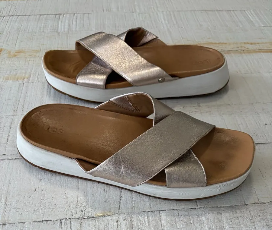 UGG Emily Slides size 10 Metallic Gold Leather Sandals Criss Cross Straps