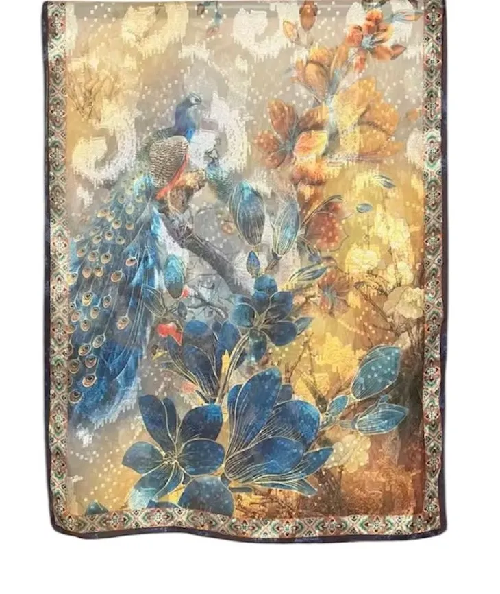 Mulberry Silk Scarf Shawl 27.6” x 70.9” Peacock Floral Print Elegant Wrap Blue