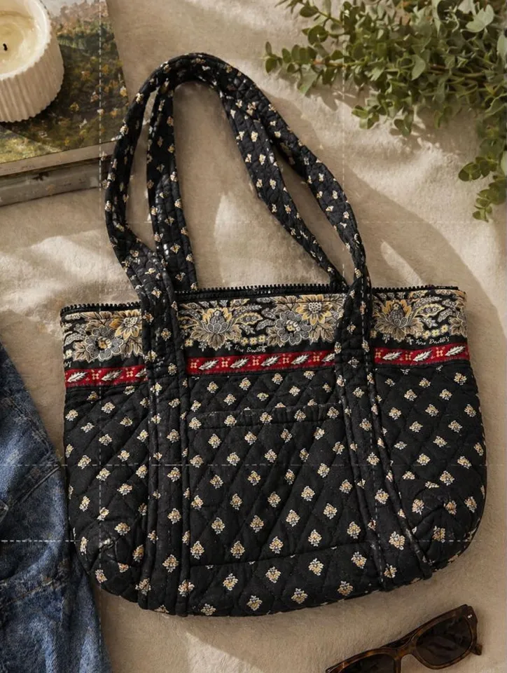 Rare Vtg Black Floral Vera Bradley Classic Medium Tote Quilted Retired 2002