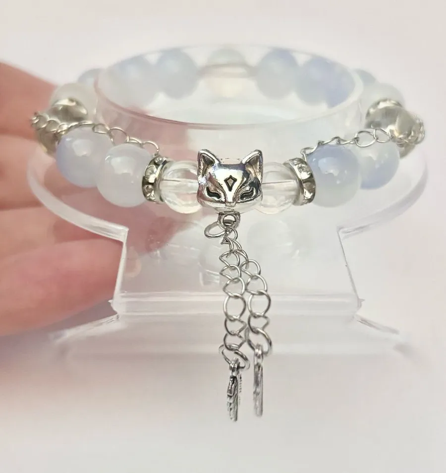 Handmade White Opalite Beaded Bracelet with Silver Fox Charm