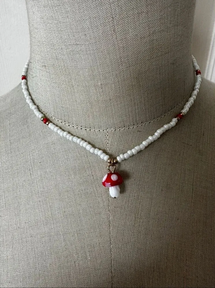 Red Mushroom Beaded Choker Necklace Red