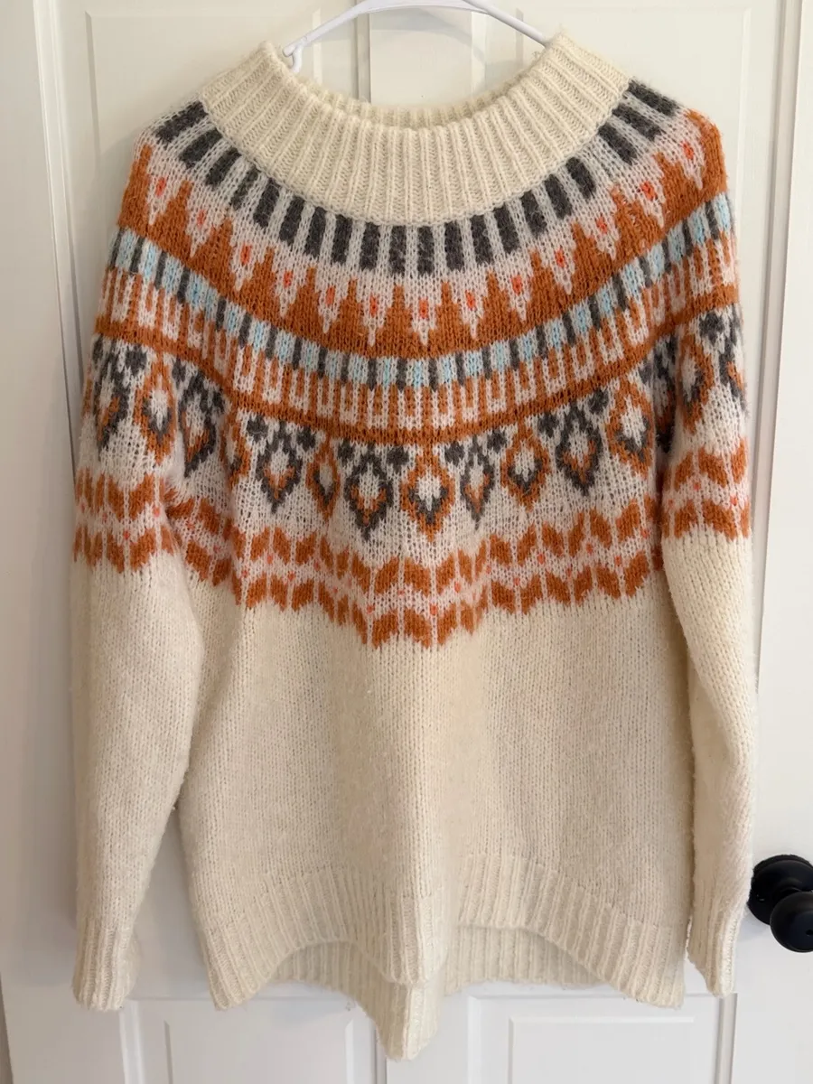 Aerie Fair Isle Nordic Chunky Knit Sweater Cream Small Cozy Oversized