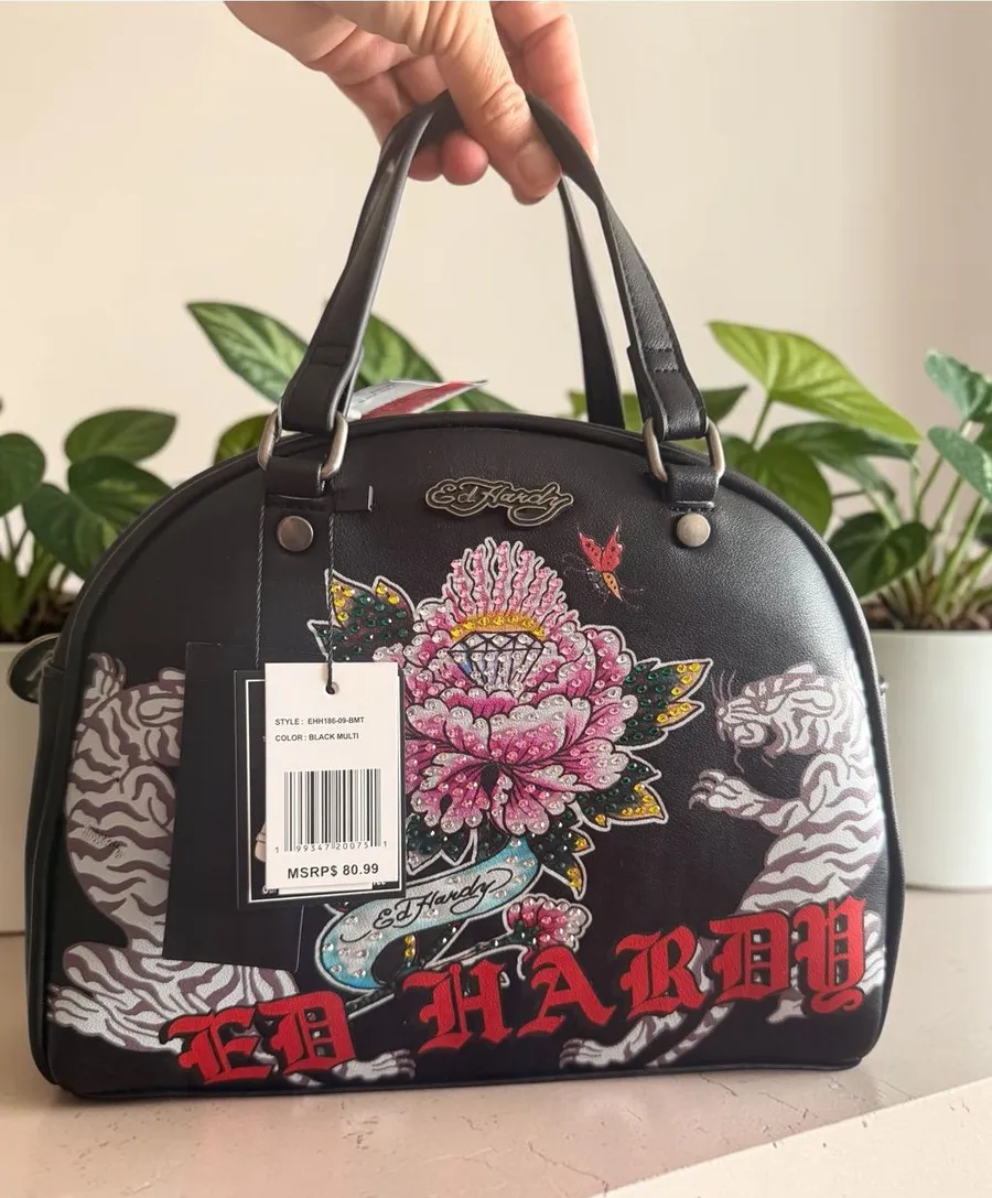 Ed Hardy Black Floral Tiger Dome Satchel