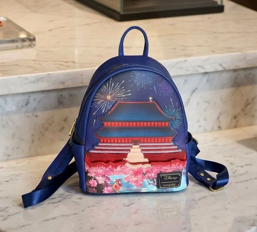 Disney Blue Mulan Temple Mini Backpack with Floral & Fireworks Art Lights Up!!!!
