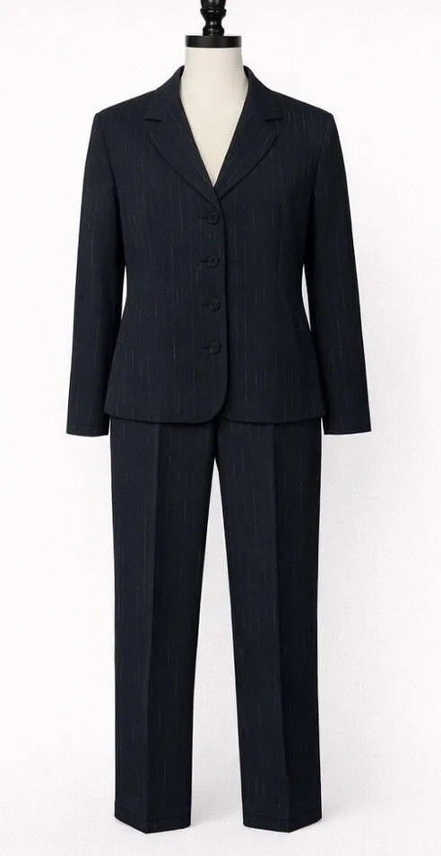 Tahari Black Pinstripe Pantsuit Women’s 10 Blazer & Trousers Career Suit Set