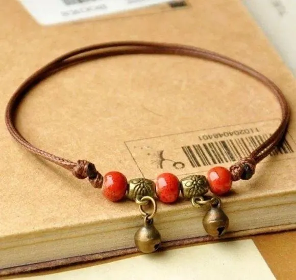 Bells & ceramic beads leather Anklet