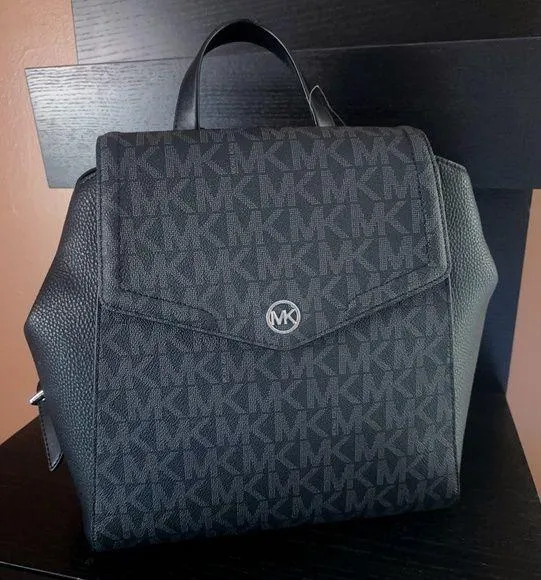 $398 MICHAEL KORS MD BLACK PEBBLED LEATHER BACKPACK LOGO COVERED "FREYA" NWT