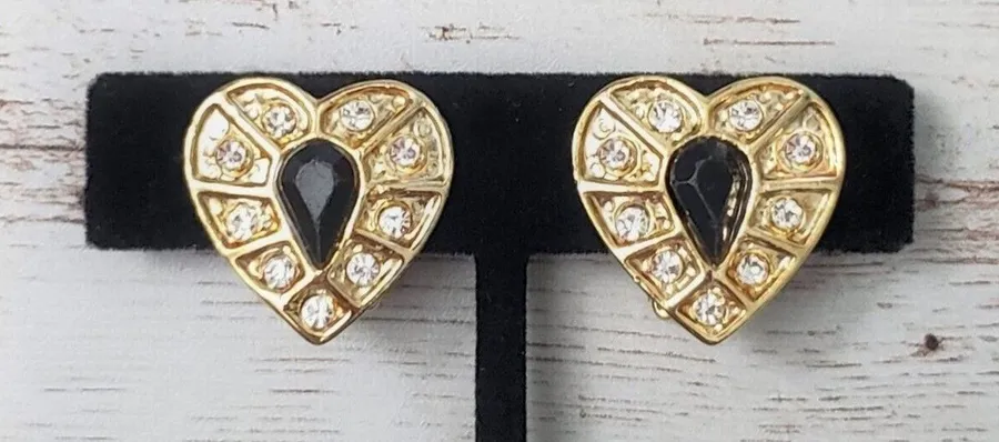 Vintage Clip On Earrings Gold Tone Heart with Black & Clear Gems 7/8"