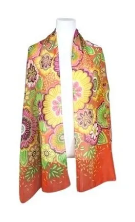 Vintage Linear Wrap Shawl Orange Bright Florals 71"x 17.5" Head Scarf