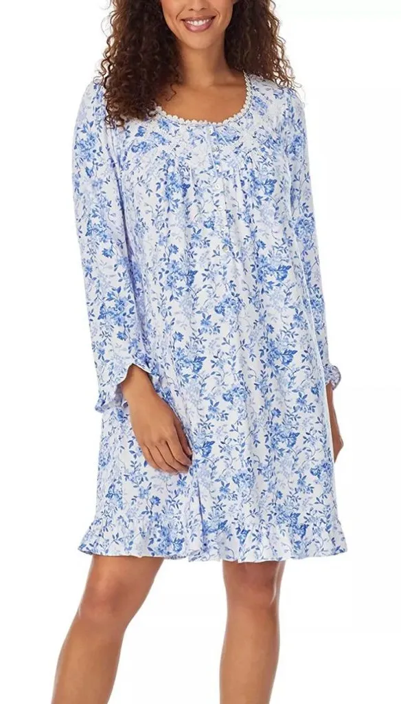 Eileen West Blue Floral Long Sleeve Mini Short Night Gown XS Blue White