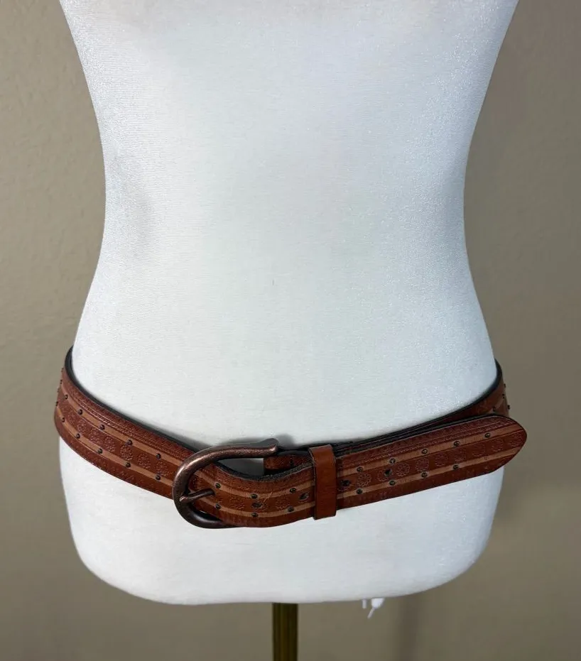 Fossil Belt Womens Medium Brown Studded Leather Perforated Floral Buckle
