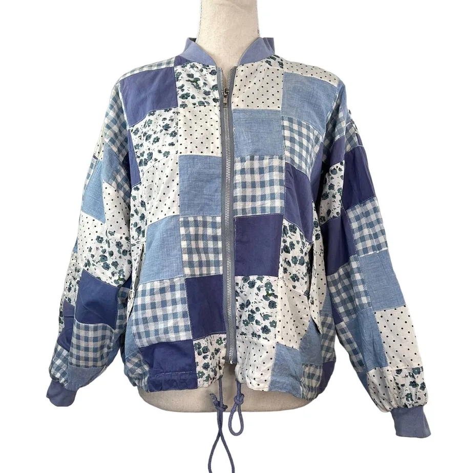 Patchwork Bomber Jacket by Tangibles Blue Cotton Florals Gingham