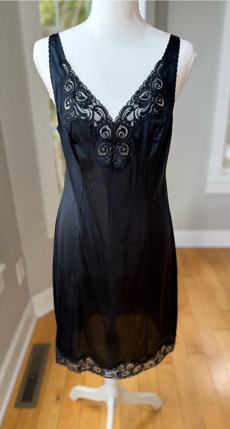 Vintage Bali Black Lace Trim Satin Chemise Slip Dress Size 34 Size M