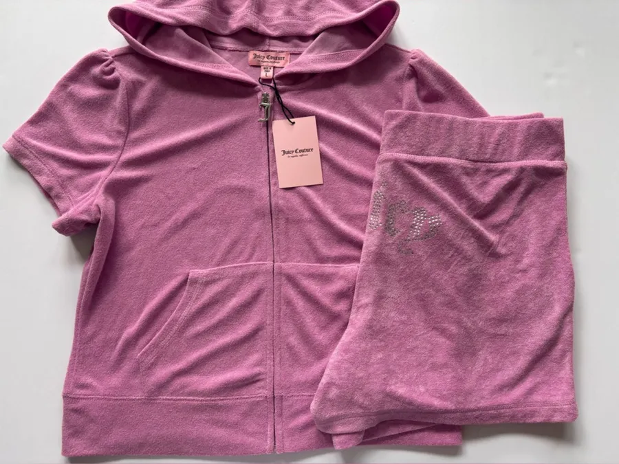 Juicy Couture Dewberry Pink Terry Rhinestone Hoodie Shorts Set NWT L Y2K