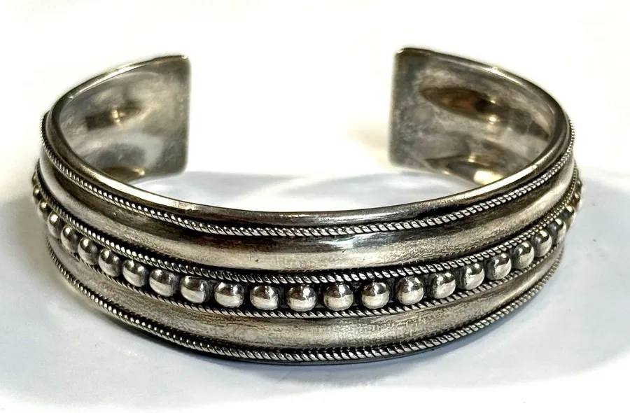 FAS 925 Sterling Silver Beaded Caviar Rope Cuff Bracelet Vintage Ethnic 23.38g