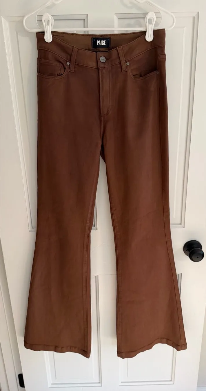PAIGE Genevieve Cognac Luxe Coated High Rise Flare Jeans 28 x 32