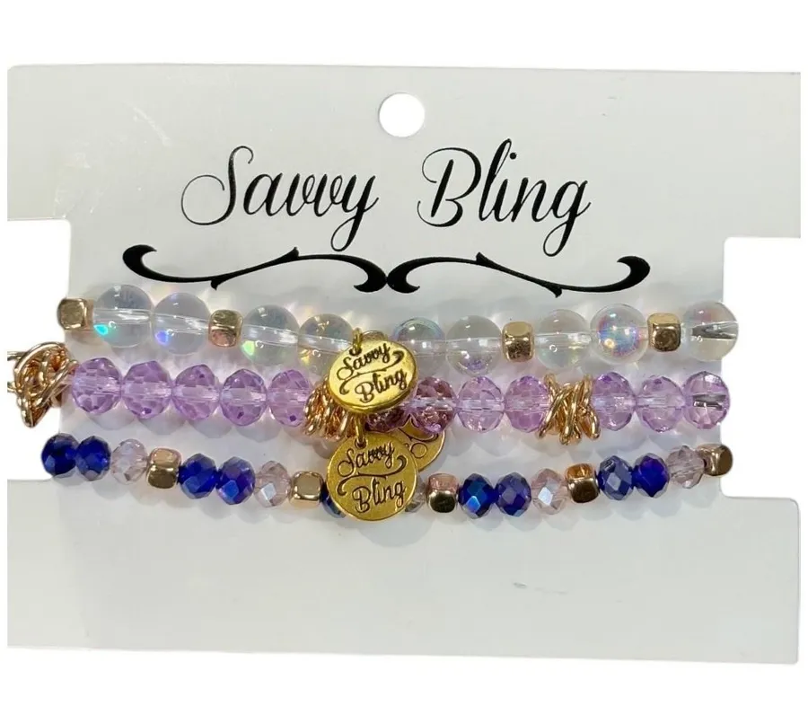 Savvy Bling Beaded Stretch Bracelet Set Womens OS Blue Purple Gold Stackable NEW