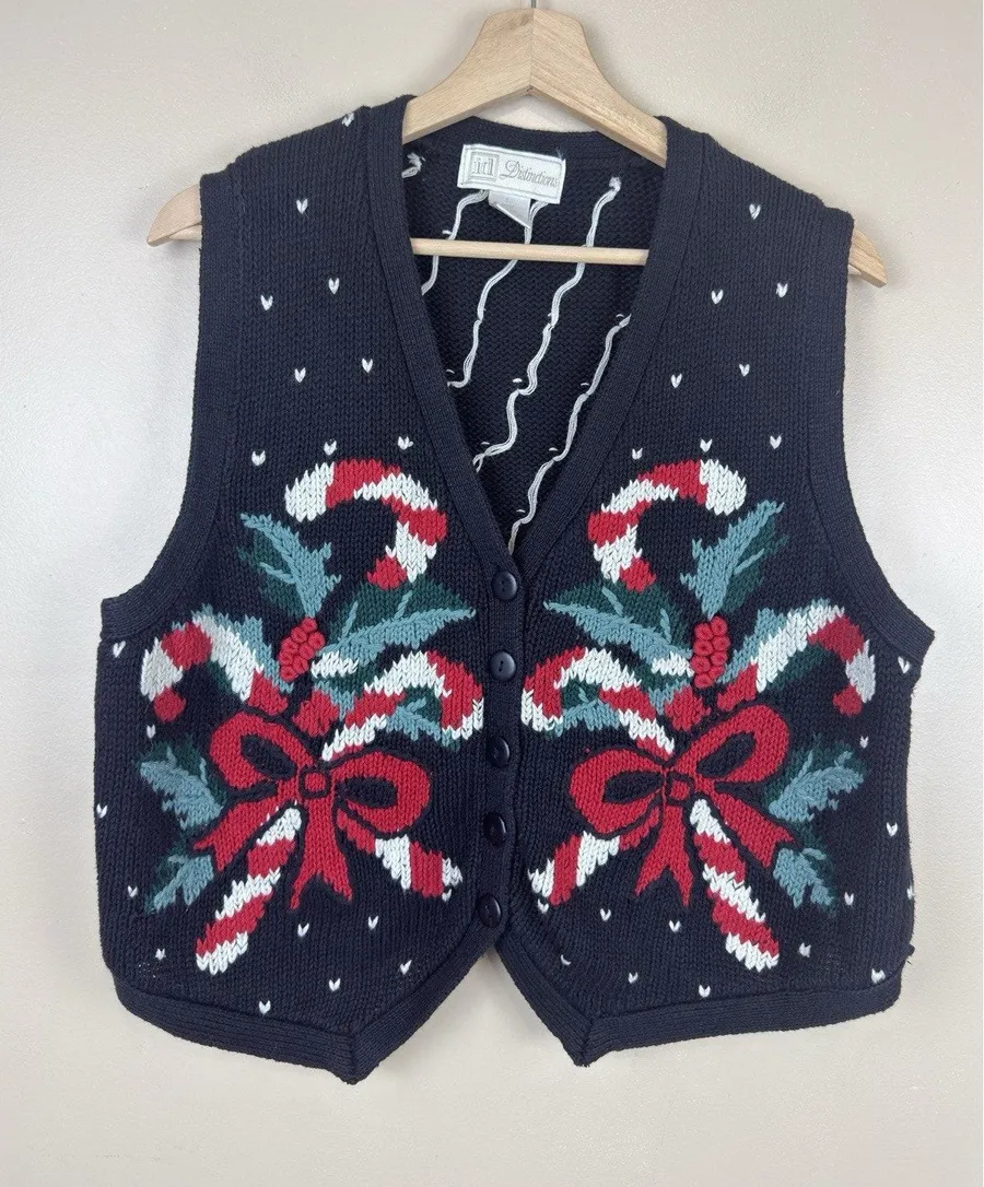 Vintage id Distinctions Christmas Sweater Vest Women’s L Candy Cane Embroidered Black Size L