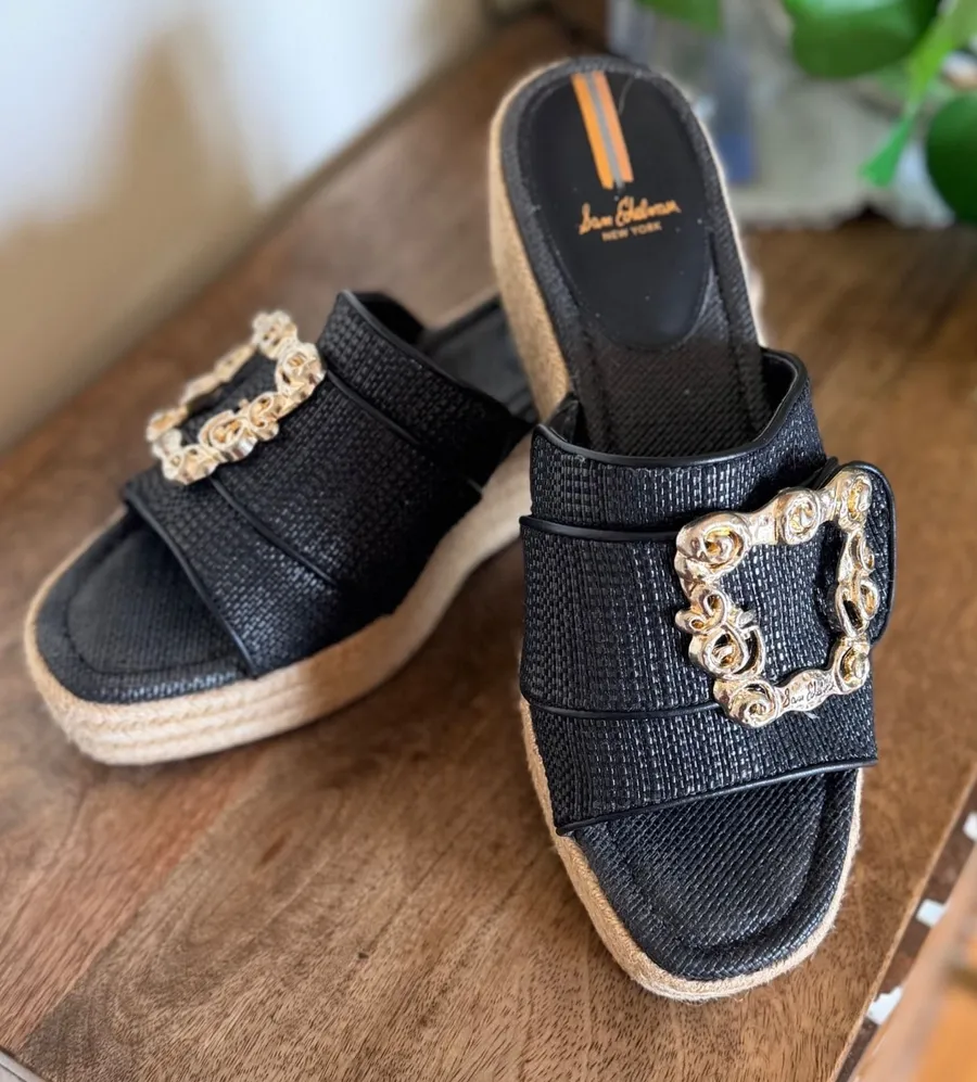 Sam Edelman Adaley Black Raffia Platform Slides Resort Coastal Luxe 11