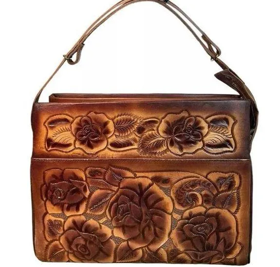 Vtg 70s Purse Leather Hand Tooled Brown Mexican Handbag Roses Floral Embossed