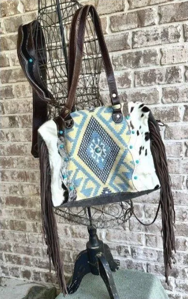 Myra Bag Crashing Waves Crossbody Tote Saddle Blanket Purse Leather Fringe NWOT Brown