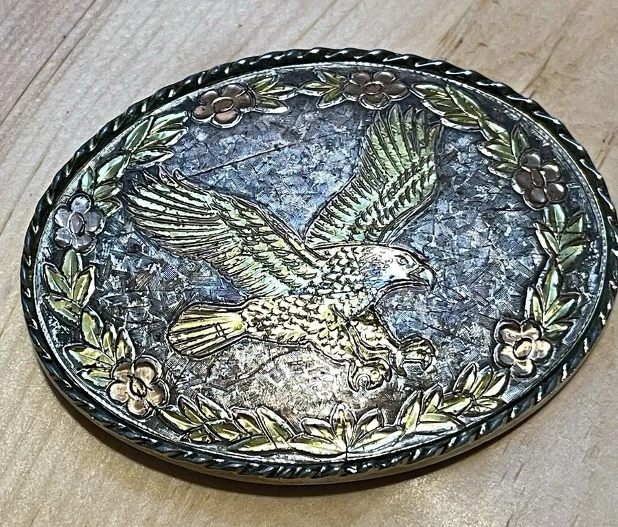Vintage Eagle Belt Buckle Made In USA Mixed Metal Silver Gold Copper Oval
