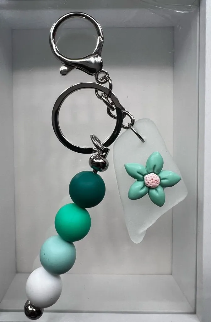 Handmade Ombre Greens Sea Glass and Beaded Flower Keychain Purse Charm Green