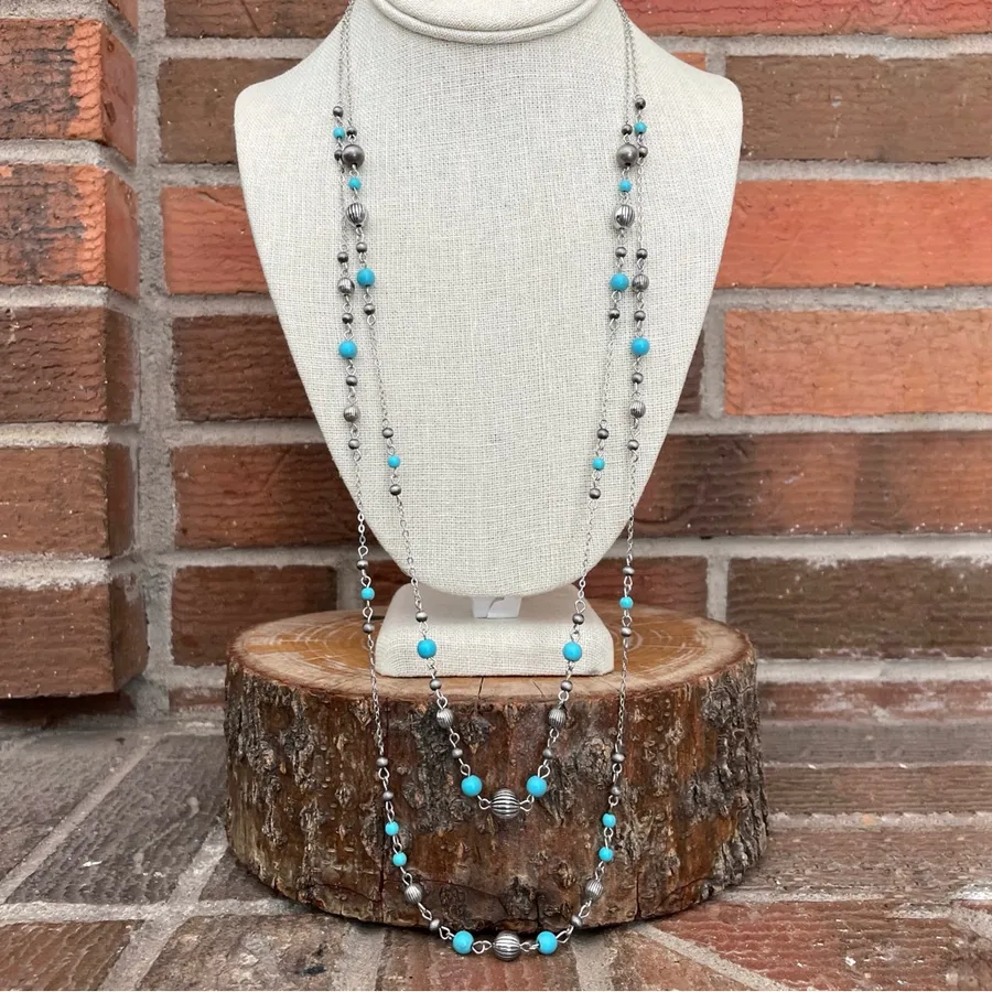 Layered Navajo Style Pearl & Turquoise Spaced Bead Necklaces Silver