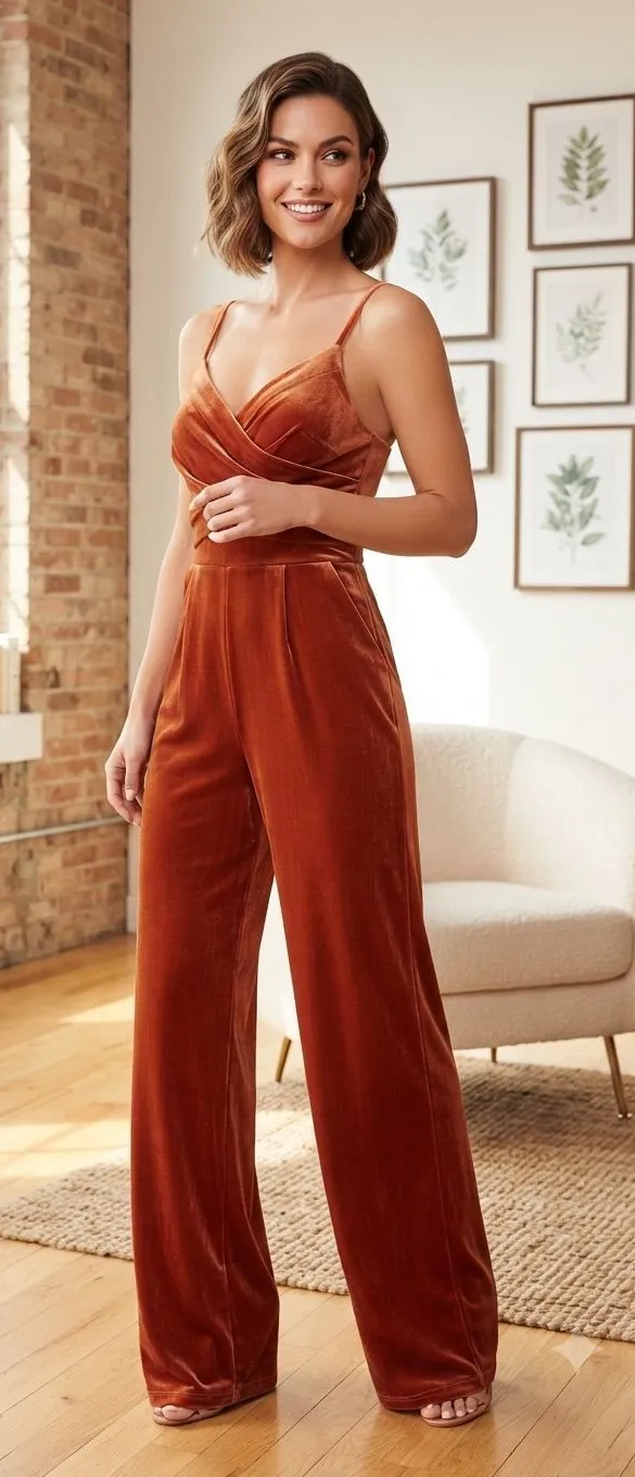 Cider Velvet Wide-Leg Jumpsuit in Rust Orange