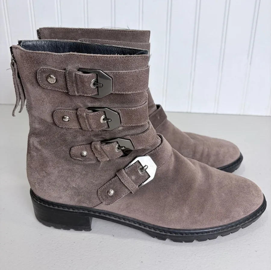 Stuart Weitzman Taupe Suede Multi Buckle Moto Ankle Boots U274026 Womens 6.5 M
