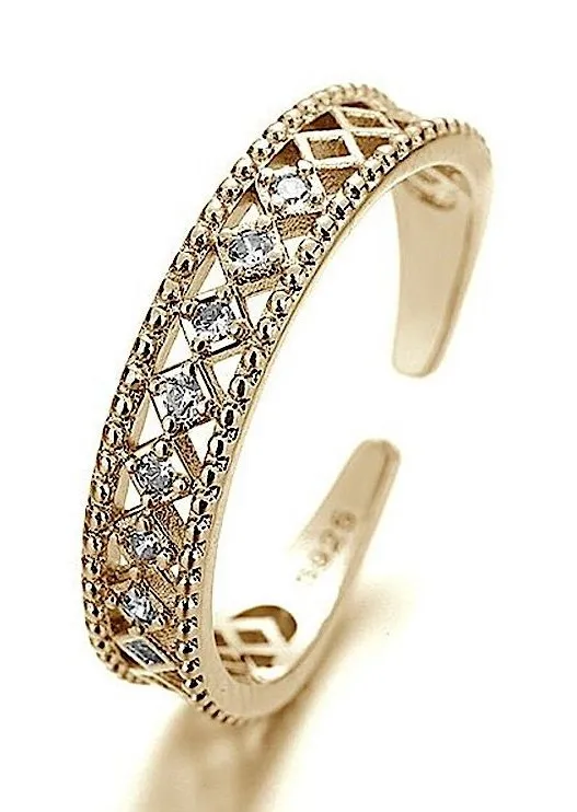 14k Gold Plated S925 Hollow Simulated Diamond Ring, Adjustable