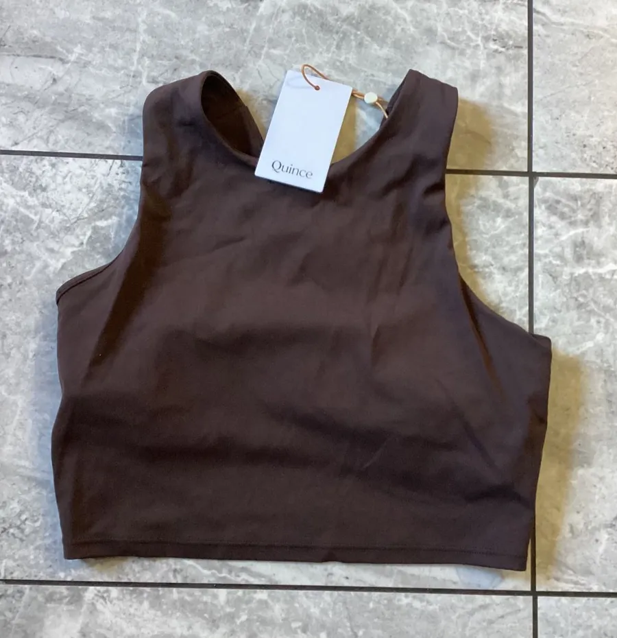 Quince Womens Espresso Brown High Neck Longline Sports Bra Racerback Size S NWT