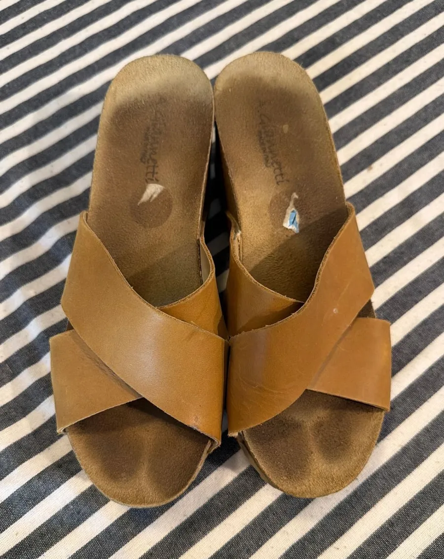 A. Giannetti Womens Tan Leather Criss Cross Wedge Slide Sandals Made in Italy Size 9