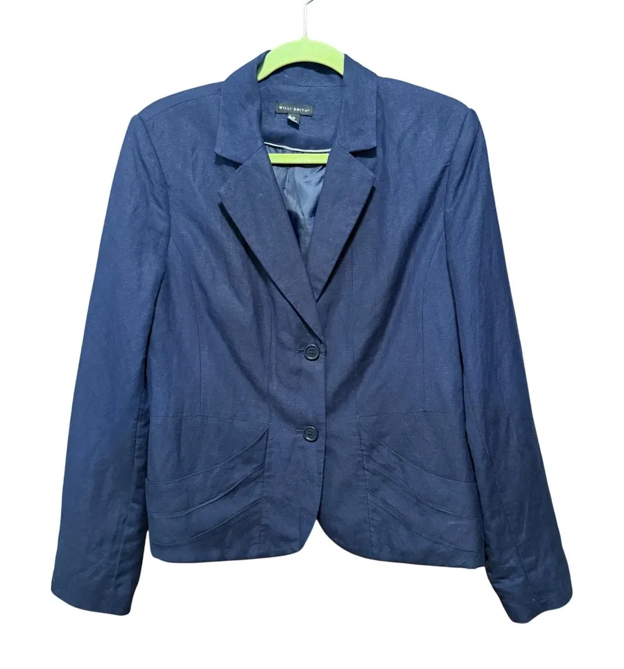 Willi Smith Womens Navy Blue Linen Blend Two Button Blazer Jacket Size 12