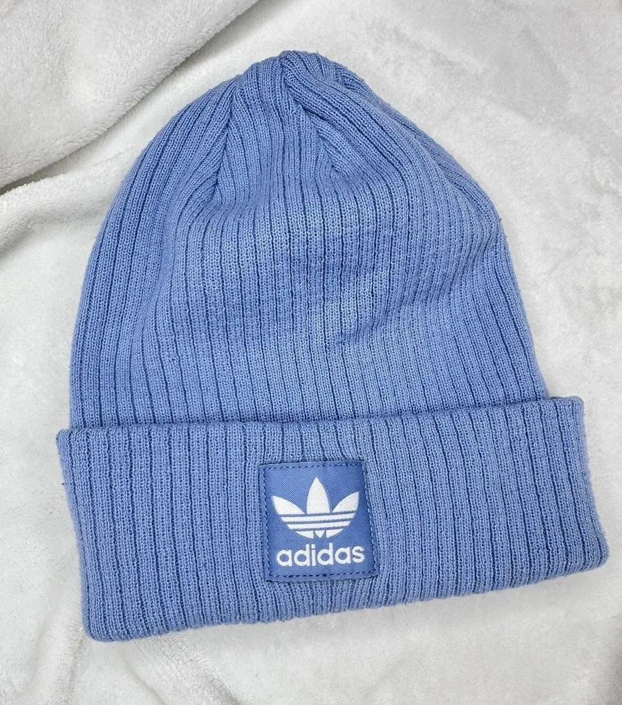 Adidas Hat Beanie OS Blue Ribbed Knit Trefoil Logo Patch Womens One Size Winter