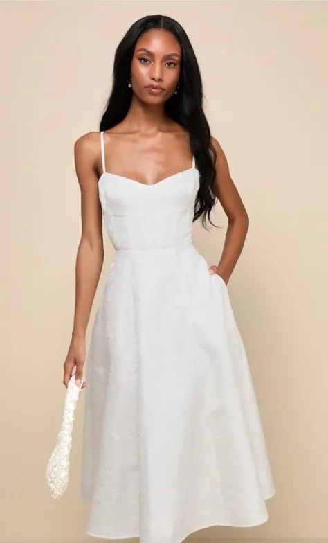 Lulus Meet for Tea White Jacquard Bustier Midi Dress With Pockets