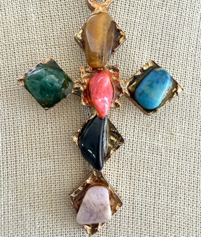 Vintage Gold Tone Cross Necklace with Multicolor Stone Inlay