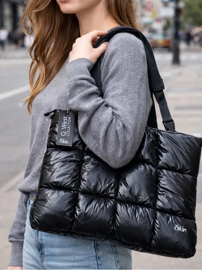 iSkin Quilted Puffer Laptop Tote Bag | Black Tech Carryall Shoulder Bag