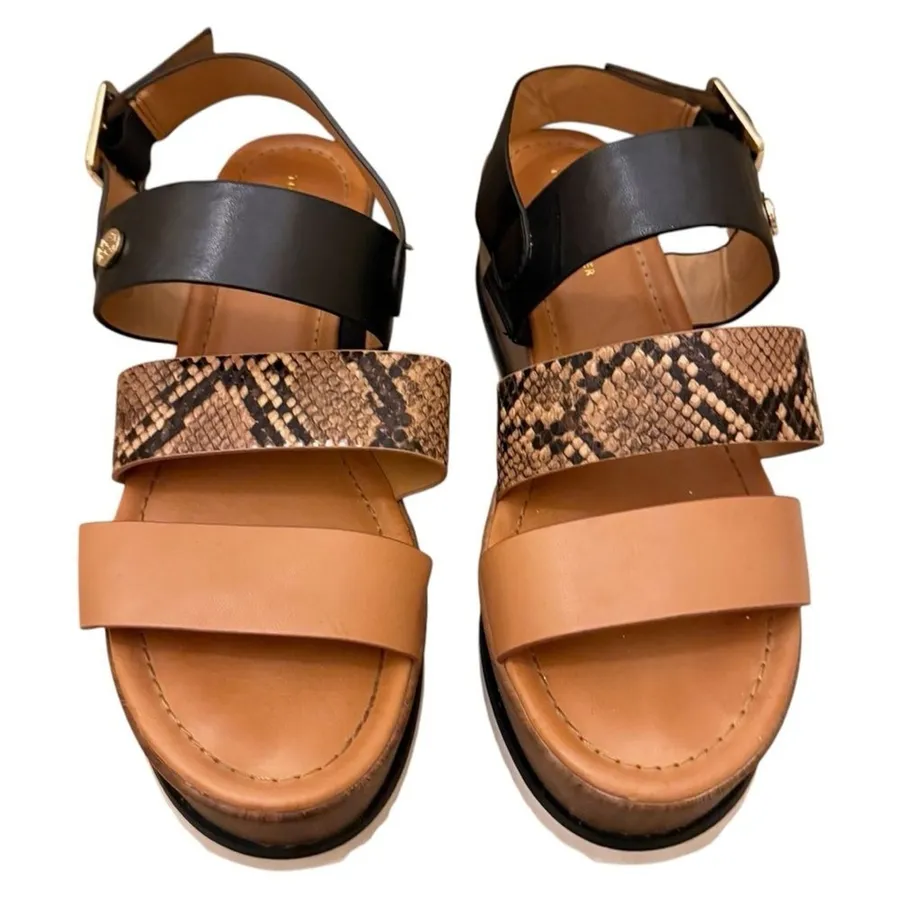 Tommy Hilfiger Womens Black Tan Snake Skin Print Platform Wedge Sandals Size 8M