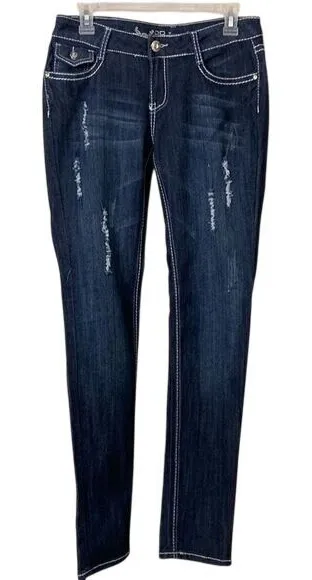 BB Skinny Jeans Womens Sz 7 Dark Wash Rhinestone Embellished Y2K Western New Blue