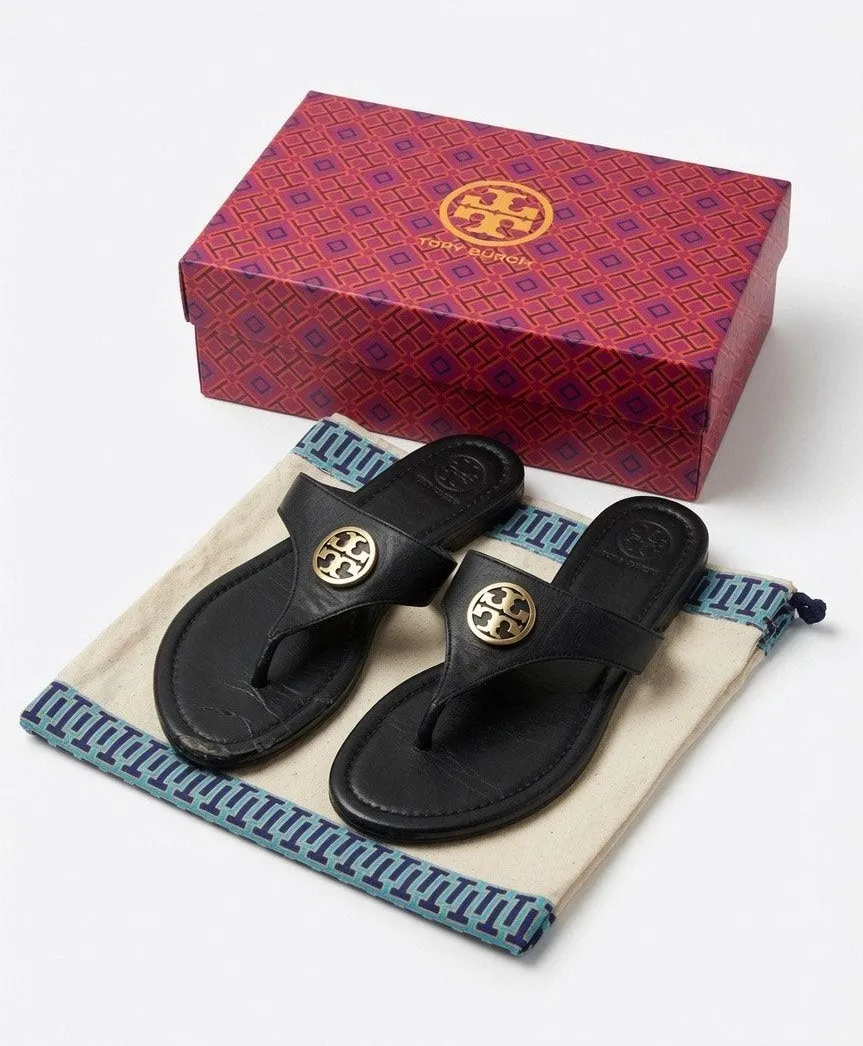 Tory Burch Black Leather Miller Thong Logo Flat Sandals Size 7.5 Gold Hardware
