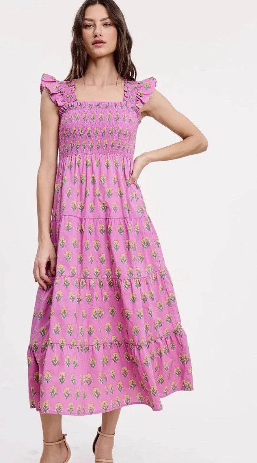 Ultramarine Floral Smocked Tiered Midi Dress Cottagecore Boho Peasant L NWT Pink Size L