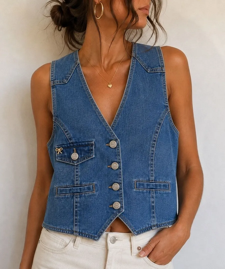 Nanette Lepore Blue Denim Vest Bow Detail Size S Western Y2K Cowgirl